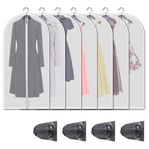 vosigreen hanging garment bags 7 piece set - 60 inch translucent dust proof clothes bag white breathable full zipper dust cover for suit dance costumes gown dress | 4 portable travel shoe bags