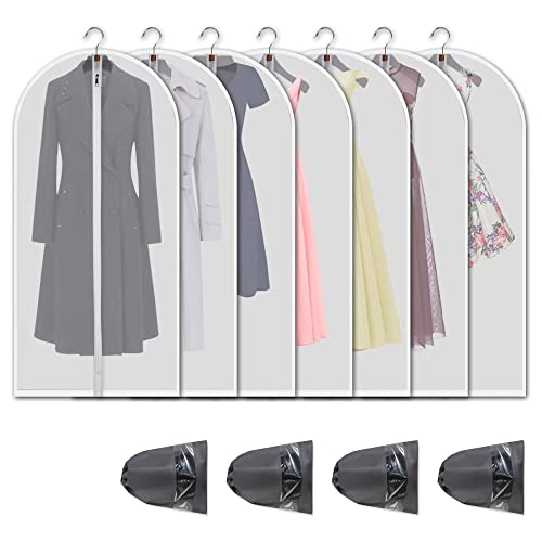 VOSIGREEN Hanging Garment Bags 7 Piece Set - 60 Inch Translucent Dust Proof Clothes Bag White Breathable Full Zipper Dust Cover for Suit Dance Costumes Gown Dress | 4 Portable Travel Shoe Bags