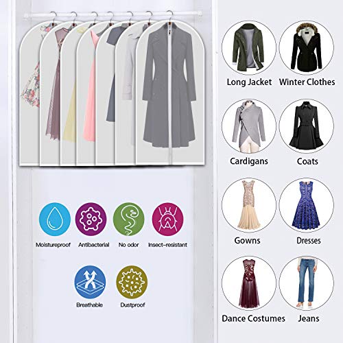 VOSIGREEN Hanging Garment Bags 7 Piece Set - 60 Inch Translucent Dust Proof Clothes Bag White Breathable Full Zipper Dust Cover for Suit Dance Costumes Gown Dress | 4 Portable Travel Shoe Bags