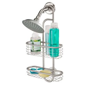 interdesign idesign hanging shower caddy, small stainless steel shower organiser for shampoo, shower gel, conditioner and more, compact bathroom storage with two trays, silver