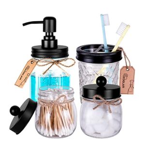 mason jar bathroom accessories set 4 pcs - lotion soap dispenser & toothbrush holder & 2 cotton swab holders - rustic farmhouse bathroom decor countertop vanity organizer, black