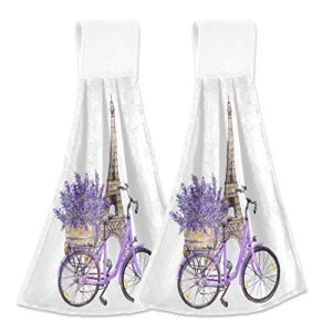 2 pack purple lavender eiffel tower hanging kitchen towels romantic spring floral bicycle hand towel with loop soft microfiber dish towels tie towel for bathroom absorbent washcloth