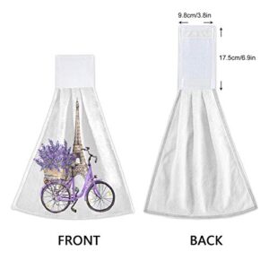 2 Pack Purple Lavender Eiffel Tower Hanging Kitchen Towels Romantic Spring Floral Bicycle Hand Towel with Loop Soft Microfiber Dish Towels Tie Towel for Bathroom Absorbent Washcloth