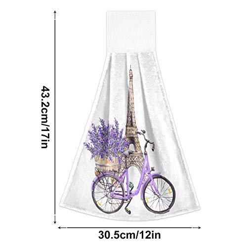 2 Pack Purple Lavender Eiffel Tower Hanging Kitchen Towels Romantic Spring Floral Bicycle Hand Towel with Loop Soft Microfiber Dish Towels Tie Towel for Bathroom Absorbent Washcloth