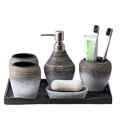 TFIIEXFL Black & Beige Ceramic Bathroom Set w/Soap Dispenser, Toothbrush Holder, Tumbler & Soap Dish