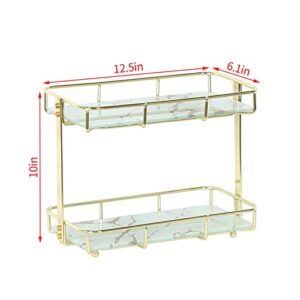 X-cosrack 2-Tier Bathroom Organizer Countertop, Bathroom Countertop Storage Shelf with Removable Marble Glass Tray, Vanity Tray Cosmetic Organizer Holder Gold