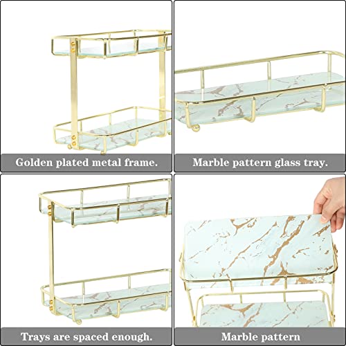 X-cosrack 2-Tier Bathroom Organizer Countertop, Bathroom Countertop Storage Shelf with Removable Marble Glass Tray, Vanity Tray Cosmetic Organizer Holder Gold