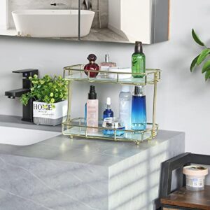 X-cosrack 2-Tier Bathroom Organizer Countertop, Bathroom Countertop Storage Shelf with Removable Marble Glass Tray, Vanity Tray Cosmetic Organizer Holder Gold