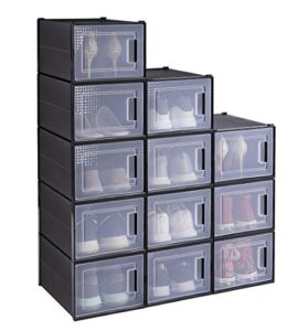sweetgo 12 pcs stackable shoe storage boxes - front entry and clear plastic, shoe container and sneaker display box for closets and entryway, foldable shoe organizer for men & women shoes (black)