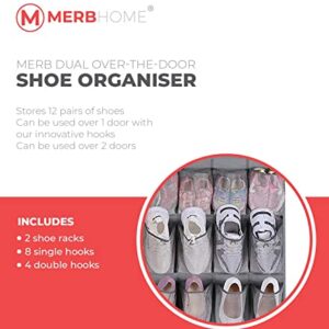 MERB Home 2 Pack Shoe Storage Organizer with Innovative Hook - Hang 2 Racks on 1 Door or on different Doors - Hanging Door Rack- 12 Pockets - Foldable Hanging Storage Organizer (3 Rows of pockets)