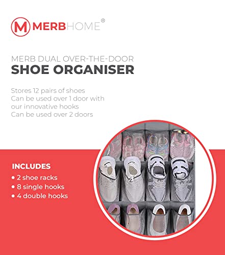 MERB Home 2 Pack Shoe Storage Organizer with Innovative Hook - Hang 2 Racks on 1 Door or on different Doors - Hanging Door Rack- 12 Pockets - Foldable Hanging Storage Organizer (3 Rows of pockets)