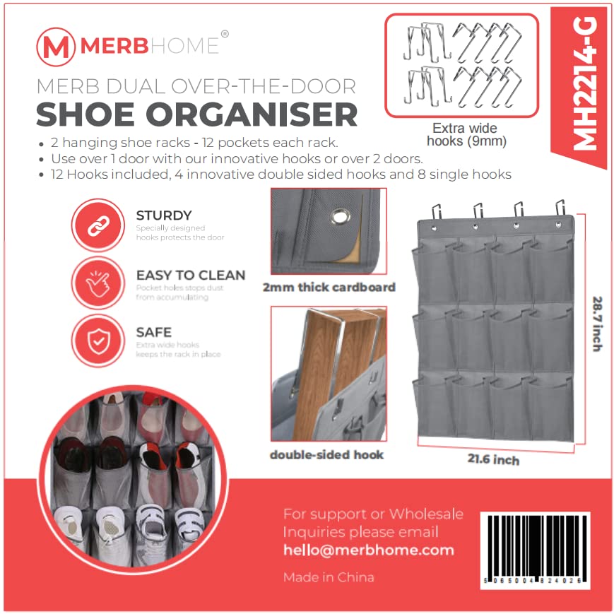 MERB Home 2 Pack Shoe Storage Organizer with Innovative Hook - Hang 2 Racks on 1 Door or on different Doors - Hanging Door Rack- 12 Pockets - Foldable Hanging Storage Organizer (3 Rows of pockets)