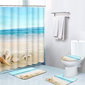 britimes 4 piece shower curtain sets, with 12 hooks, coastal sea seashell landscape with non-slip rugs, toilet lid cover and bath mat, durable and waterproof, for bathroom decor set, 72" x 72"