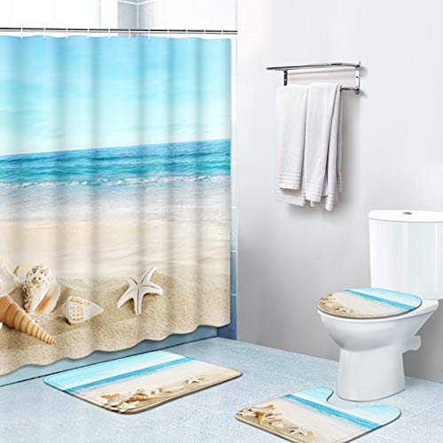 Britimes 4 Piece Shower Curtain Sets, with 12 Hooks, Coastal Sea Seashell Landscape with Non-Slip Rugs, Toilet Lid Cover and Bath Mat, Durable and Waterproof, for Bathroom Decor Set, 72" x 72"