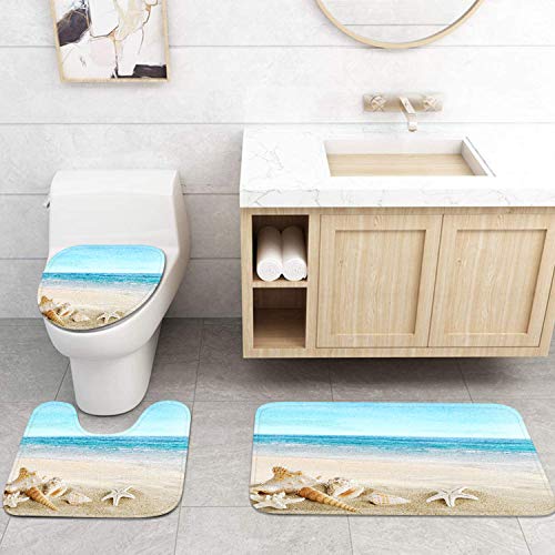 Britimes 4 Piece Shower Curtain Sets, with 12 Hooks, Coastal Sea Seashell Landscape with Non-Slip Rugs, Toilet Lid Cover and Bath Mat, Durable and Waterproof, for Bathroom Decor Set, 72" x 72"