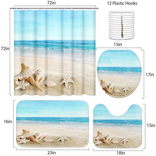 Britimes 4 Piece Shower Curtain Sets, with 12 Hooks, Coastal Sea Seashell Landscape with Non-Slip Rugs, Toilet Lid Cover and Bath Mat, Durable and Waterproof, for Bathroom Decor Set, 72" x 72"