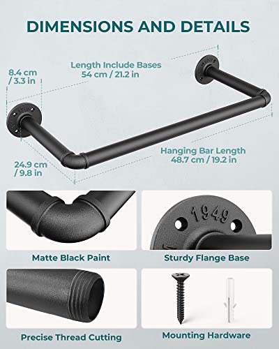 OROPY Industrial Pipe Clothes Rack 21.6” Set of 2, Heavy Duty Wall Mounted Black Iron Garment Bar, Multi-Purpose Clothing Hanging Rod for Laundry Room and Closet Storage