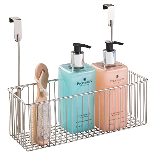 mDesign Metal Over Cabinet Bathroom Storage Organizer Holder or Basket - Hang Over Cabinet Doors - Holds Shampoo, Conditioner, Body Wash - Strong Steel Wire - Satin