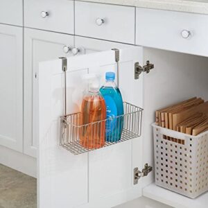 mDesign Metal Over Cabinet Bathroom Storage Organizer Holder or Basket - Hang Over Cabinet Doors - Holds Shampoo, Conditioner, Body Wash - Strong Steel Wire - Satin