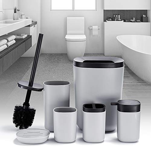 GERUIKE Bathroom Accessories Set 6 Piece Plastic Includes Soap Dispenser,Trash Can,Soap Dish,Toilet Brush Holder,Toothbrush Holder,Toothbrush Cup for Bathroom,Gray