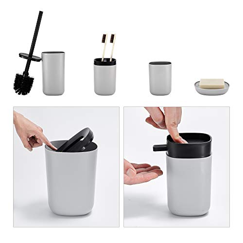 GERUIKE Bathroom Accessories Set 6 Piece Plastic Includes Soap Dispenser,Trash Can,Soap Dish,Toilet Brush Holder,Toothbrush Holder,Toothbrush Cup for Bathroom,Gray