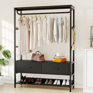 hokeeper free standing closet organizer with drawers and hooks, heavy duty metal clothes clothing garment rack with shelves wardrobe closet for hanging clothes closet storage shelves for bedroom black
