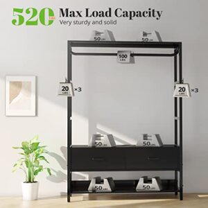 HOKEEPER Free Standing Closet Organizer with Drawers and Hooks, Heavy Duty Metal Clothes Clothing Garment Rack with Shelves Wardrobe Closet for Hanging Clothes Closet Storage Shelves for Bedroom Black