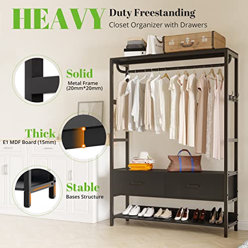 HOKEEPER Free Standing Closet Organizer with Drawers and Hooks, Heavy Duty Metal Clothes Clothing Garment Rack with Shelves Wardrobe Closet for Hanging Clothes Closet Storage Shelves for Bedroom Black