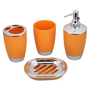 jynxos bath countertop accessory set, soap dispenser pump, toothbrush holder, tumbler, wastebasket trash can - 4 pieces (orange)