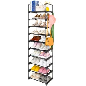 goramio 10 tiers tall shoe rack, 20-24 pairs shoe and boots storage organizer, stackable metal shoe shelf with hooks, space saving narrow shoe rack for entryway, closet, bedroom, sturdy, black