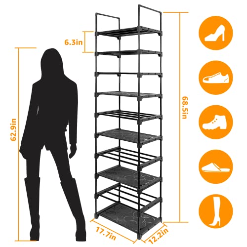 Goramio 10 Tiers Tall Shoe Rack, 20-24 Pairs Shoe and Boots Storage Organizer, Stackable Metal Shoe Shelf with Hooks, Space Saving Narrow Shoe Rack for Entryway, Closet, Bedroom, Sturdy, Black