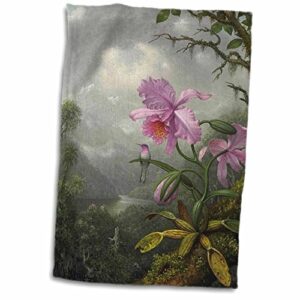 3d rose image of heades 1800s painting hummingbird on orchid hand towel, 15" x 22"
