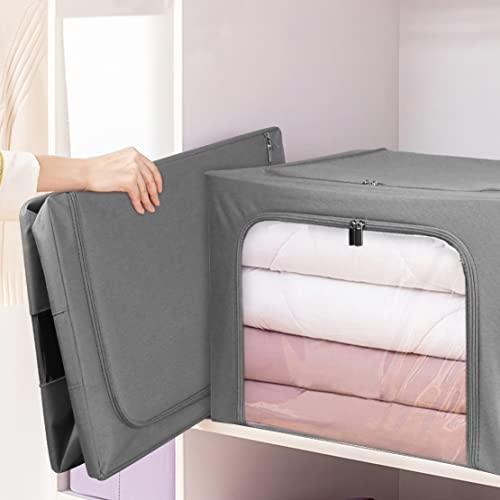 Stackable Clothes Storage Box for Clothing Gadgets,Steel Frame Storage Bins for Bedding Blankets Toys Gift,Foldable Oxford Fabric Closet Organizer Bag Set with Carry Handles and Clear Window (Large- 66L x3 Pack, Grey)