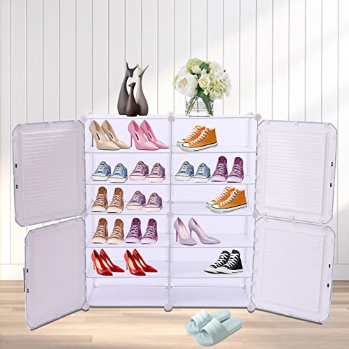 6 Layers 24 Pairs Portable Shoe Rack DIY Shoe Storage Shelf Organizers Cabinet with Doors White Shoe Organizer for Entryway Shoe