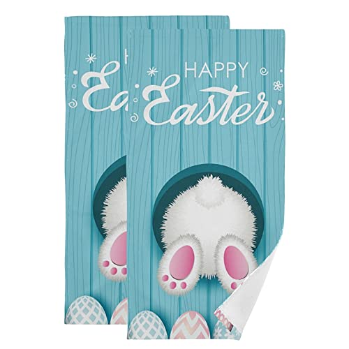 Cute Easter Bunny Bottom Bath Hand Towels Blue Wooden Board Guest Fingertip Towel 2 Pack for Bathroom 14x28 in, Soft Multipurpose Decorative Kitchen Dish Towels Set Washcloth for Beach Spa Gym Sport