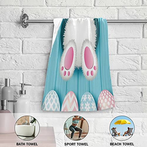 Cute Easter Bunny Bottom Bath Hand Towels Blue Wooden Board Guest Fingertip Towel 2 Pack for Bathroom 14x28 in, Soft Multipurpose Decorative Kitchen Dish Towels Set Washcloth for Beach Spa Gym Sport