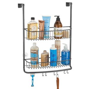 mdesign extra wide stainless steel bath/shower over door caddy, hanging storage organizer 2-tier rack with hook and basket, holder for soap, shampoo, loofah, body wash, omni collection, graphite gray