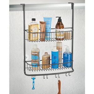 mDesign Extra Wide Stainless Steel Bath/Shower Over Door Caddy, Hanging Storage Organizer 2-Tier Rack with Hook and Basket, Holder for Soap, Shampoo, Loofah, Body Wash, Omni Collection, Graphite Gray