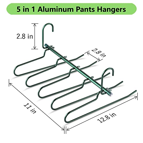 Pants Hangers,CKSD Aluminum Alloy 5 Layers Multi Functional Jeans Hanger More Space Saving Non Transform Non Fracture for Closet Clothes Hanger Organizer (Deep Green, 2 Pack)