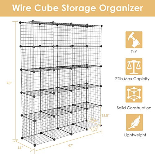 Karl home 20 Cubes Wire Cube Storage Organizer, Modular Closet Cabinet Stackable Cube Shelving Shelves Unit, Plastic Portable Bookshelf Bookcase for Office Bedroom Bathroom Living Room 14"x14" Black