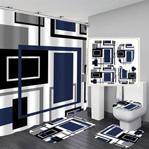 renkte 4 pcs blue and white geometric shower curtain sets with rugs, abstract geometric bathroom decor set with non-slip rugs toilet lid cover and bath mat, waterproof shower curtains with 12 hooks