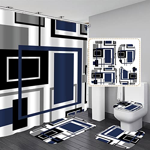 RENKTE 4 Pcs Blue and White Geometric Shower Curtain Sets with Rugs, Abstract Geometric Bathroom Decor Set with Non-Slip Rugs Toilet Lid Cover and Bath Mat, Waterproof Shower Curtains with 12 Hooks