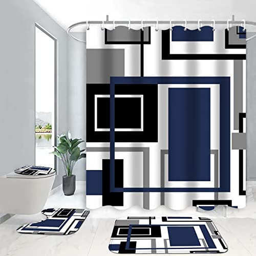 RENKTE 4 Pcs Blue and White Geometric Shower Curtain Sets with Rugs, Abstract Geometric Bathroom Decor Set with Non-Slip Rugs Toilet Lid Cover and Bath Mat, Waterproof Shower Curtains with 12 Hooks