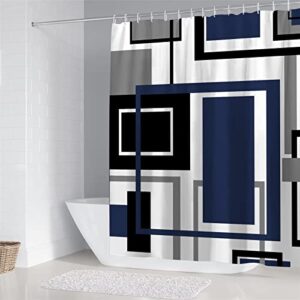 RENKTE 4 Pcs Blue and White Geometric Shower Curtain Sets with Rugs, Abstract Geometric Bathroom Decor Set with Non-Slip Rugs Toilet Lid Cover and Bath Mat, Waterproof Shower Curtains with 12 Hooks