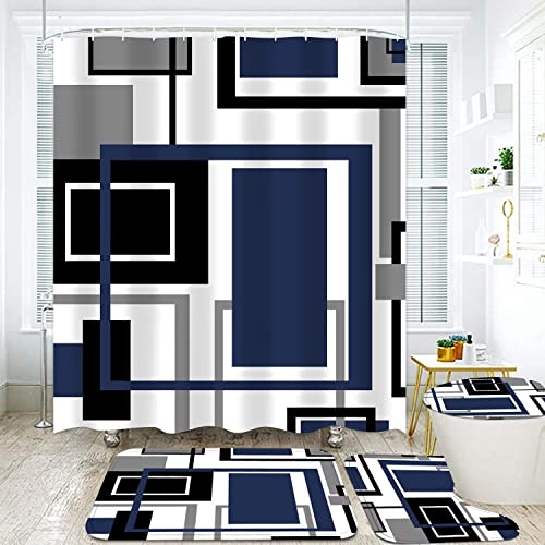 RENKTE 4 Pcs Blue and White Geometric Shower Curtain Sets with Rugs, Abstract Geometric Bathroom Decor Set with Non-Slip Rugs Toilet Lid Cover and Bath Mat, Waterproof Shower Curtains with 12 Hooks