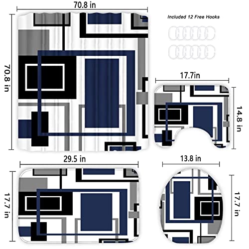 RENKTE 4 Pcs Blue and White Geometric Shower Curtain Sets with Rugs, Abstract Geometric Bathroom Decor Set with Non-Slip Rugs Toilet Lid Cover and Bath Mat, Waterproof Shower Curtains with 12 Hooks