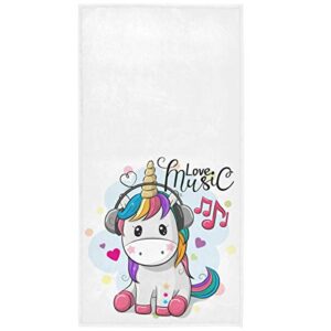 Pfrewn Cute Baby Rainbow Unicorn Hand Towels 16x30 in Unicorns Music Note Hearts Bathroom Towel Soft Absorbent Small Bath Towel Kitchen Dish Guest Towel Home Bathroom Decorations