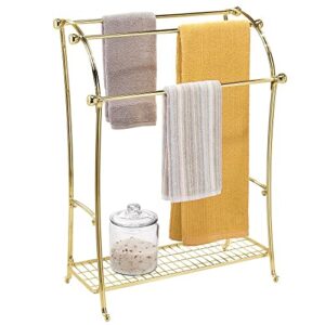 mdesign large standing metal bathroom towel holder stand with shelf - 3-tier towel rack stand for hanging bath, hand, and fingertip towels - towel stand for bathroom - hyde collection - soft brass