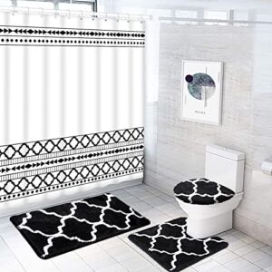 4pcs bathroom sets with shower curtain rugs, black boho bathroom shower curtain sets with 12 hooks, decorative spa hotel heavy weighted waterproof bath curtains, water absorbent bath rugs(71" x 71")