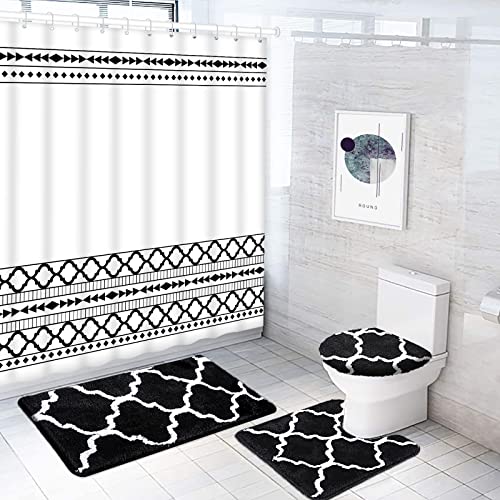 4PCS Bathroom Sets with Shower Curtain Rugs, Black Boho Bathroom Shower Curtain Sets with 12 Hooks, Decorative Spa Hotel Heavy Weighted Waterproof Bath Curtains, Water Absorbent Bath Rugs(71" x 71")